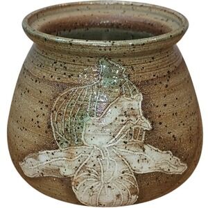 4" Clay jar pot vessel green tint lily flower speckled signed no cracks or chips